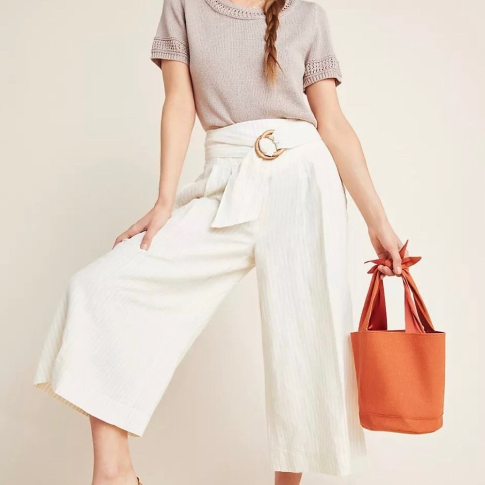 Anthropologie Palm Beach Linen Blend Wide Leg Crop Cream Pinstripe Belted Pant